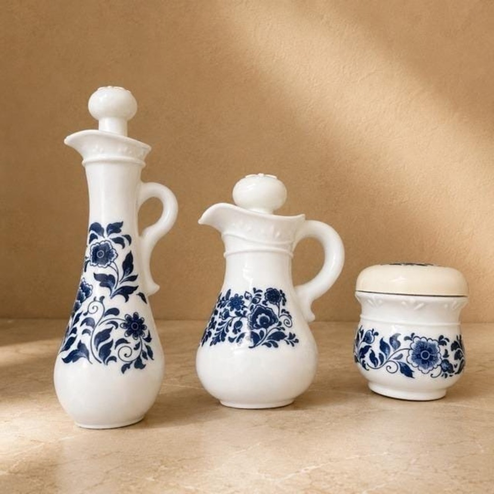 Vintage Avon Blue Floral White Glass 3 Pc Cruet Vanity Set w/ Stoppers